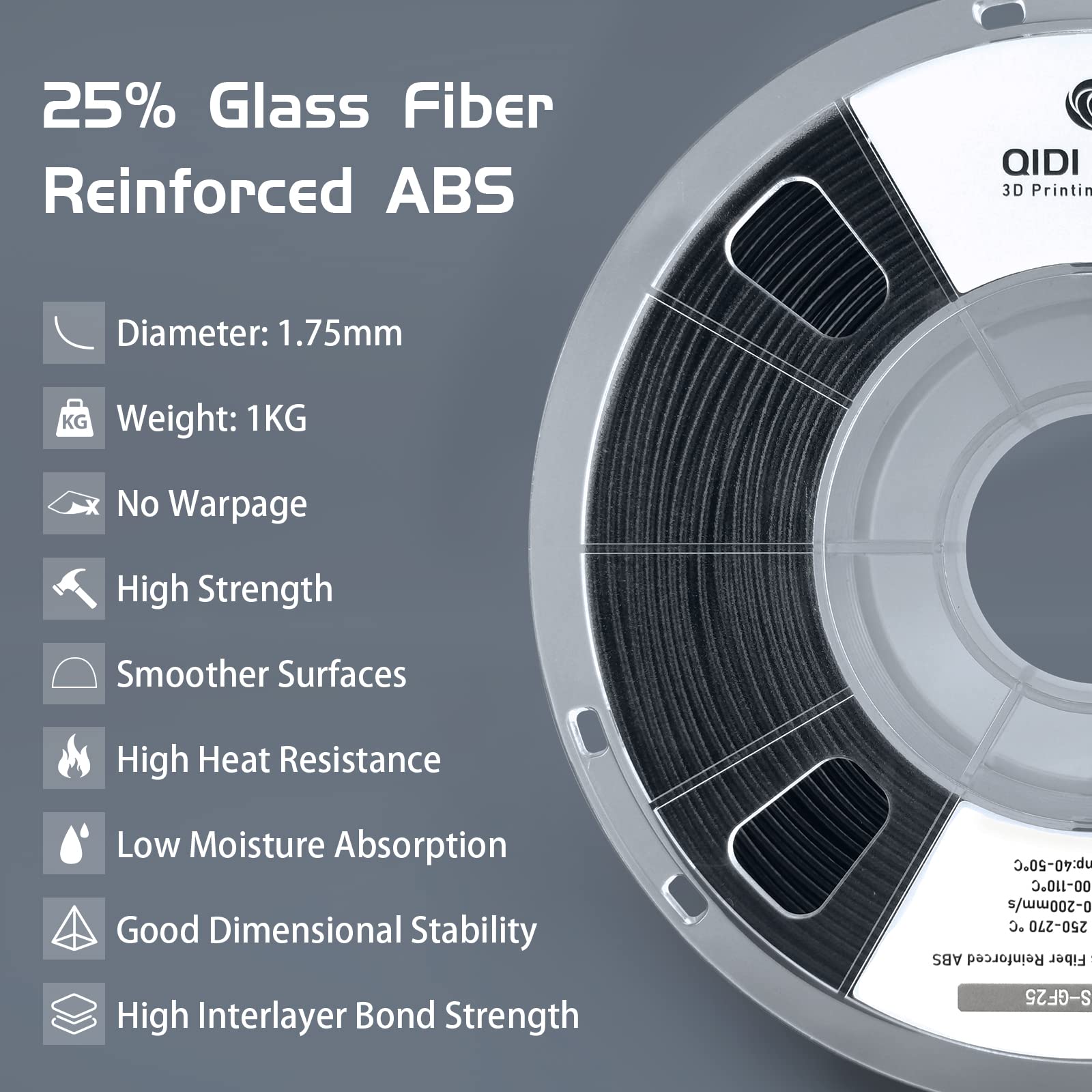 QIDI TECH ガラス繊維ABSフィラメント1.75 mm、ABS-GF25 ABS-GF25 Filament | Glass-Fiber Reinforced ABS – Qidi Tech Online